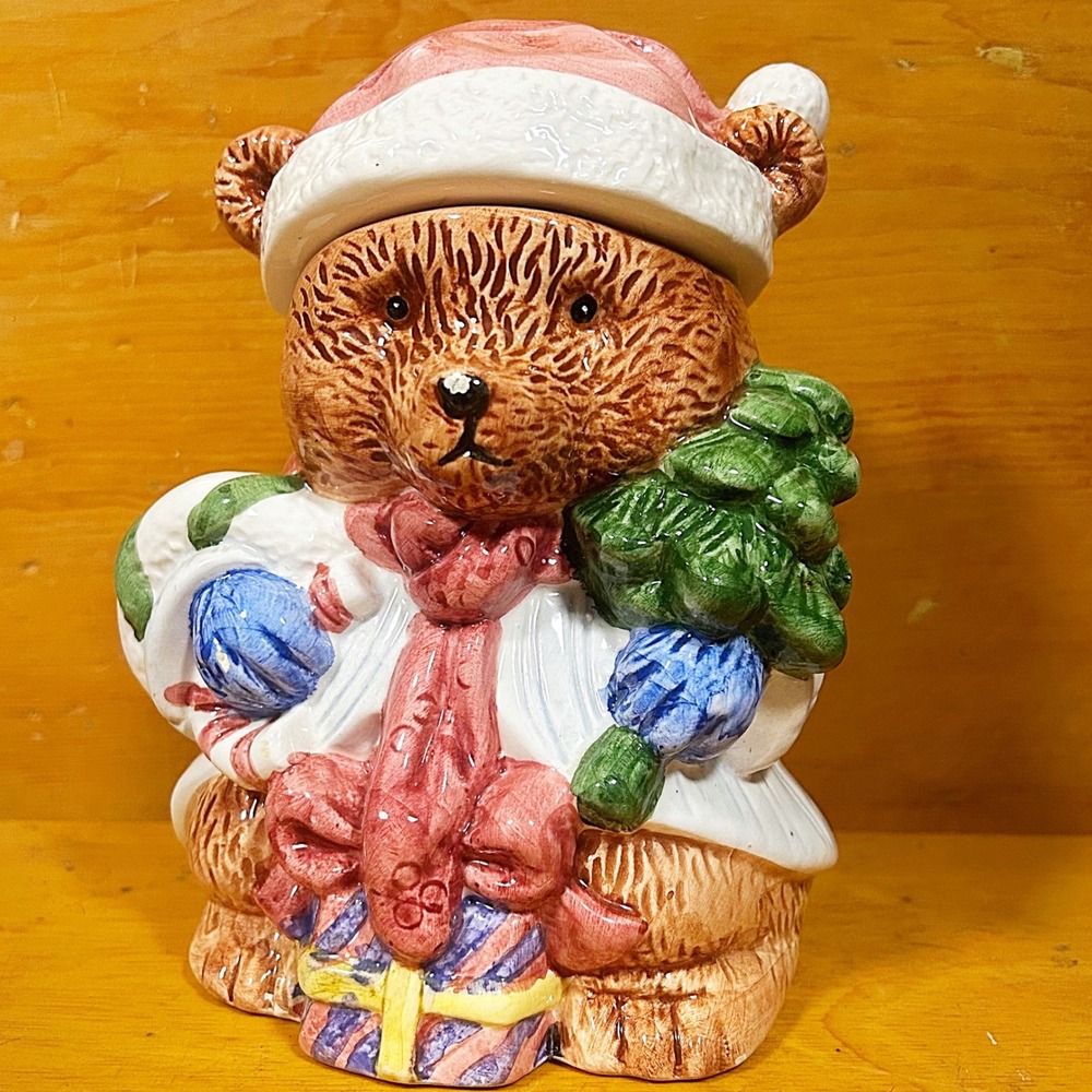 World Bazaar Cookie Jar Christmas Teddy Bear Santa Hat